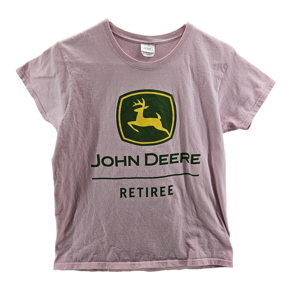 John Deere Womens Medium T-shirt Pinkβ W/ Green Yellow Logo RETIREE EUC